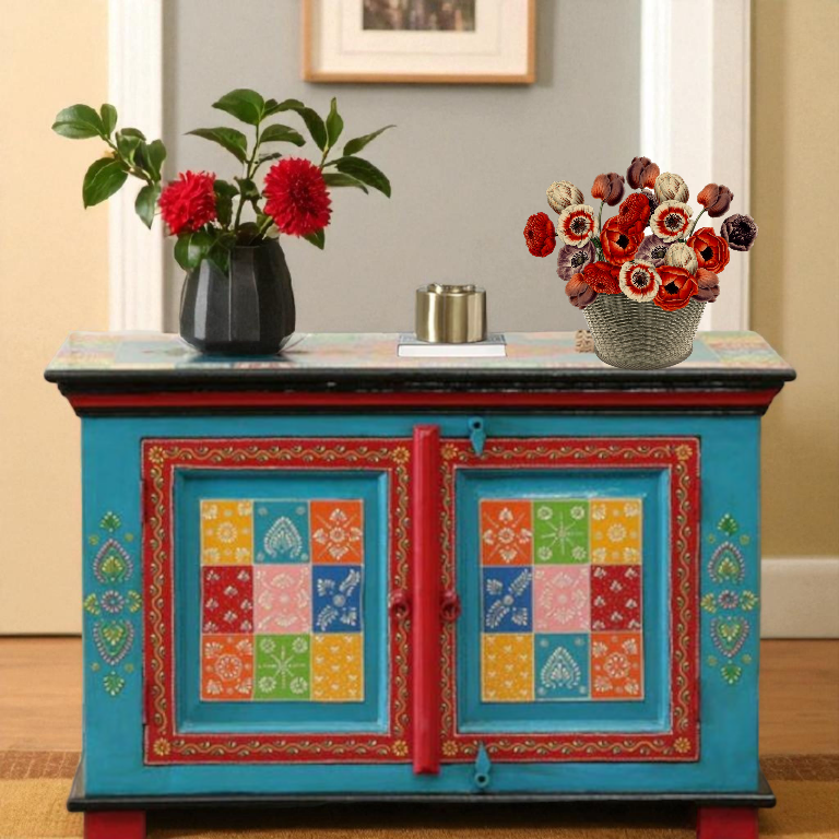 Wooden Handpainted Cabinet with Door Storage for Living Room (Multicolor)