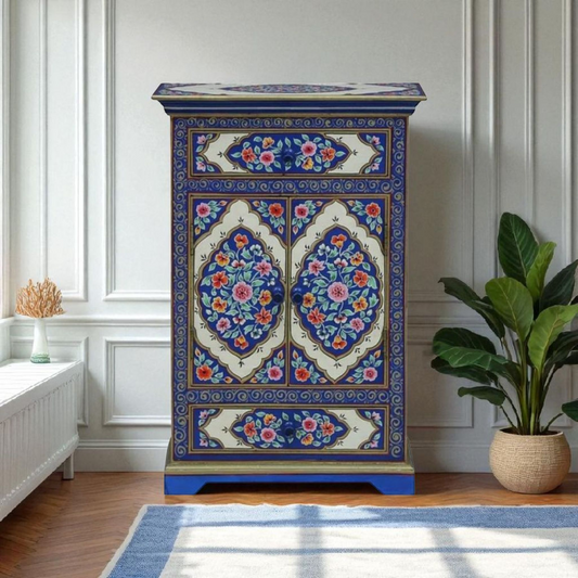 Wooden Handpainted Cabinet with Door and Drawer Storage for Living Room (Multicolor)