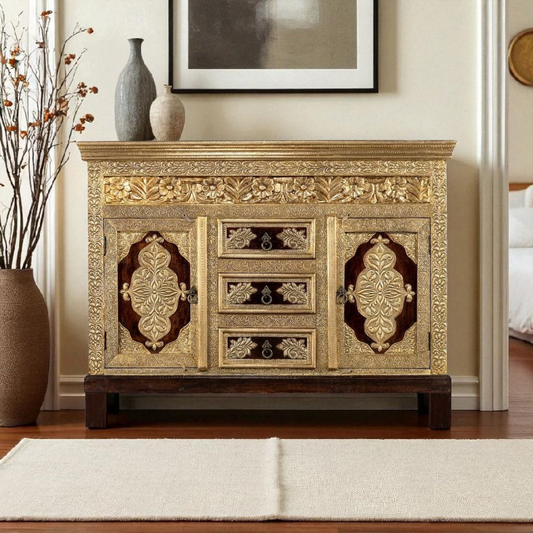 Wooden Brass Fitted Multipurpose Sideboard Storage Cabinet for Home (Multicolor)