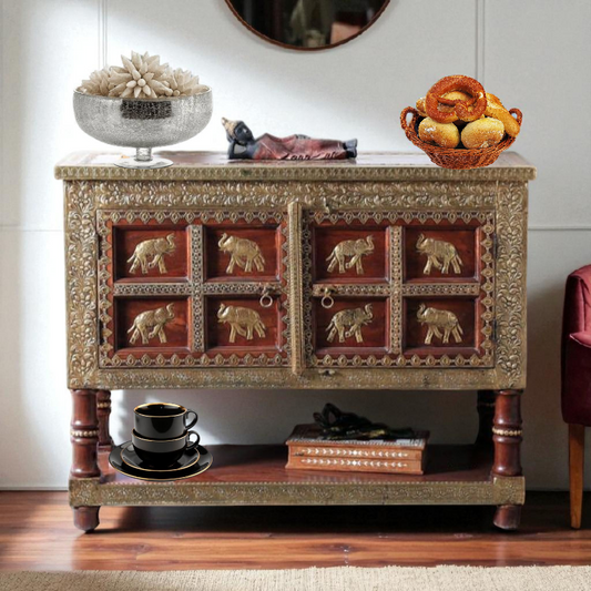 Wooden Brass Fitted Storage Cabinet with Open Self Storage (Multicolor)