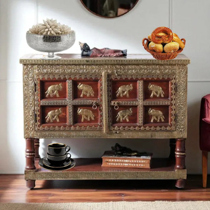 Translation missing: en.Wooden Brass Fitted Storage Cabinet with Open Self Storage (Multicolor) 