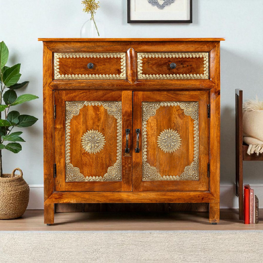 Wooden Brass Fitted Cabinet with Door & Drawer Storage (Multicolor)