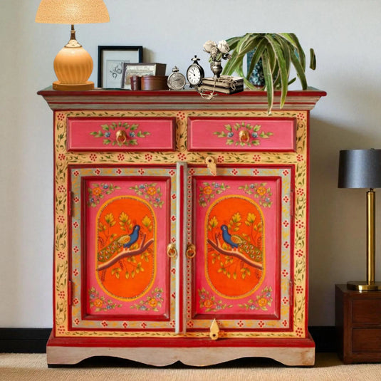Translation missing: en.Wooden Handpainted Storage Cabinet with Door and Drawer Storage (Multicolor) 