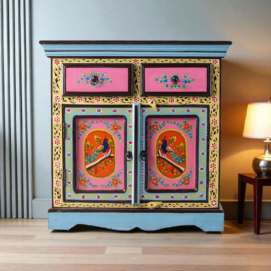 Translation missing: en.Wooden Handpainted Storage Cabinet with 2 Drawer (Multicolor) 