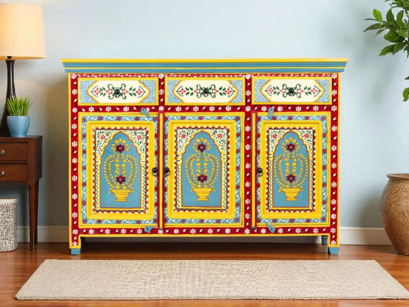 Wooden Handpainted Multipurpose Sideboard Storage Cabinet for Home (Multicolor) 