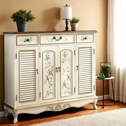 Wooden Handpainted Shoe Cabinet with Drawer Storage (White + Brown Finish)
