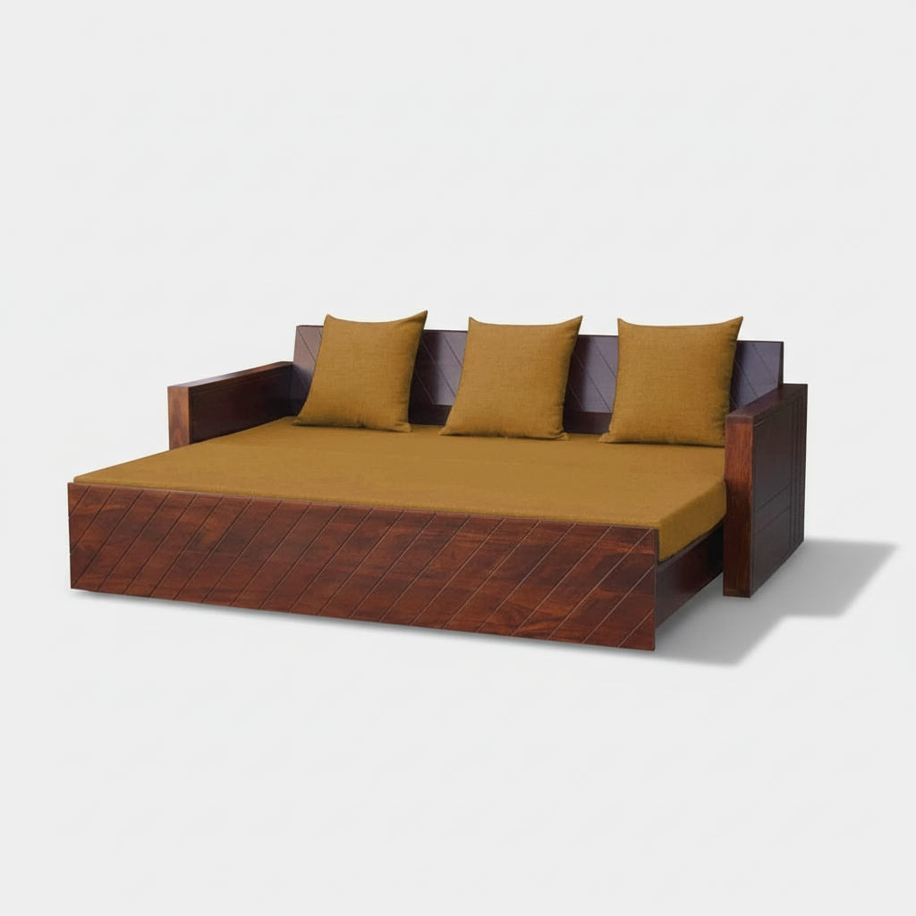 Compak Solid Sheesham Wood Sofa Cum Bed (Rosewood - Ochre Yellow Fabric + Brown) 