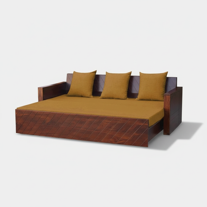 Compak Solid Sheesham Wood Sofa Cum Bed (Rosewood - Ochre Yellow Fabric + Brown) 