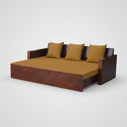 Compak Solid Sheesham Wood Sofa Cum Bed (Rosewood - Ochre Yellow Fabric + Brown) 