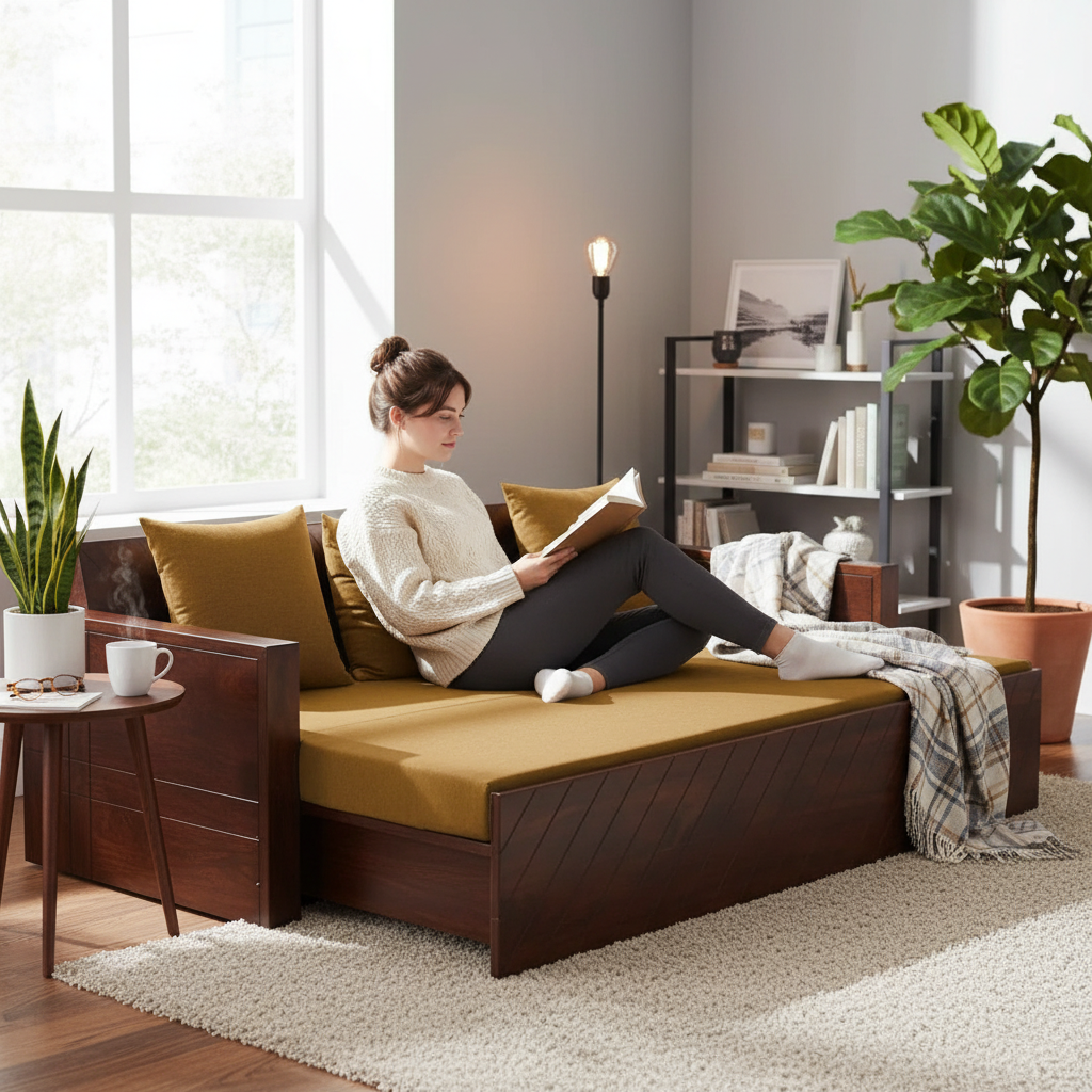 Compak Solid Sheesham Wood Sofa Cum Bed (Rosewood - Ochre Yellow Fabric + Brown) 