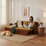 Compak Solid Sheesham Wood Sofa Cum Bed (Rosewood - Ochre Yellow Fabric + Brown) 