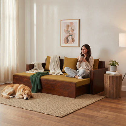 Compak Solid Sheesham Wood Sofa Cum Bed (Rosewood - Ochre Yellow Fabric + Brown) 
