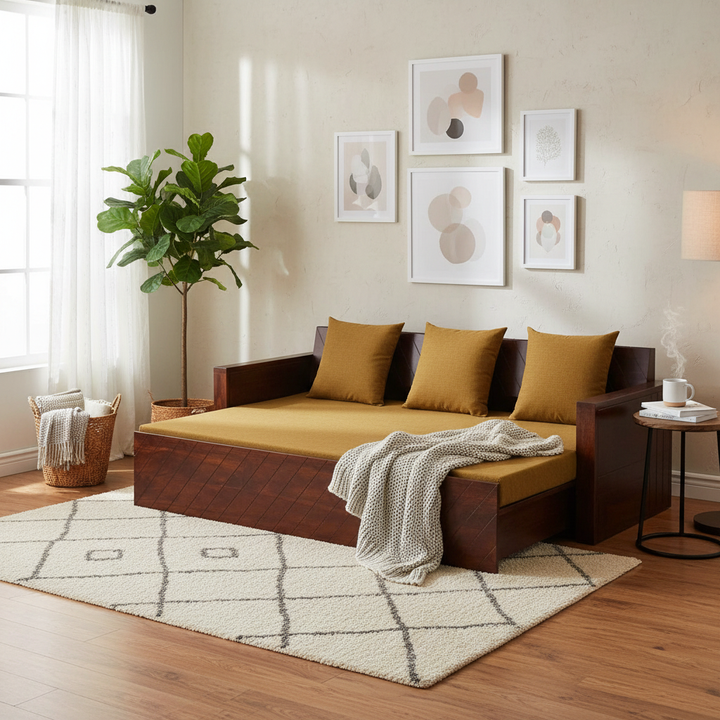 Translation missing: en.Compak Solid Sheesham Wood Sofa Cum Bed (Rosewood - Ochre Yellow Fabric + Brown) 