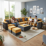 L-Shaped Sectional Sofa Set with Coffee Table and Two Ottoman Stools, Cushion Yellow and Grey, Fabric Upholstery, Metal Legs 