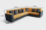 L-Shaped Sectional Sofa Set with Coffee Table and Two Ottoman Stools, Cushion Yellow and Grey, Fabric Upholstery, Metal Legs 