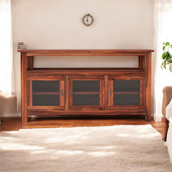 Kitchen Sideboard with Glass Doors | 2 Shelves Sheesham Wood Storage Organizer | Durable Stylish Wooden Furniture | Elegant Design Compact Multifunctional Home Decor 