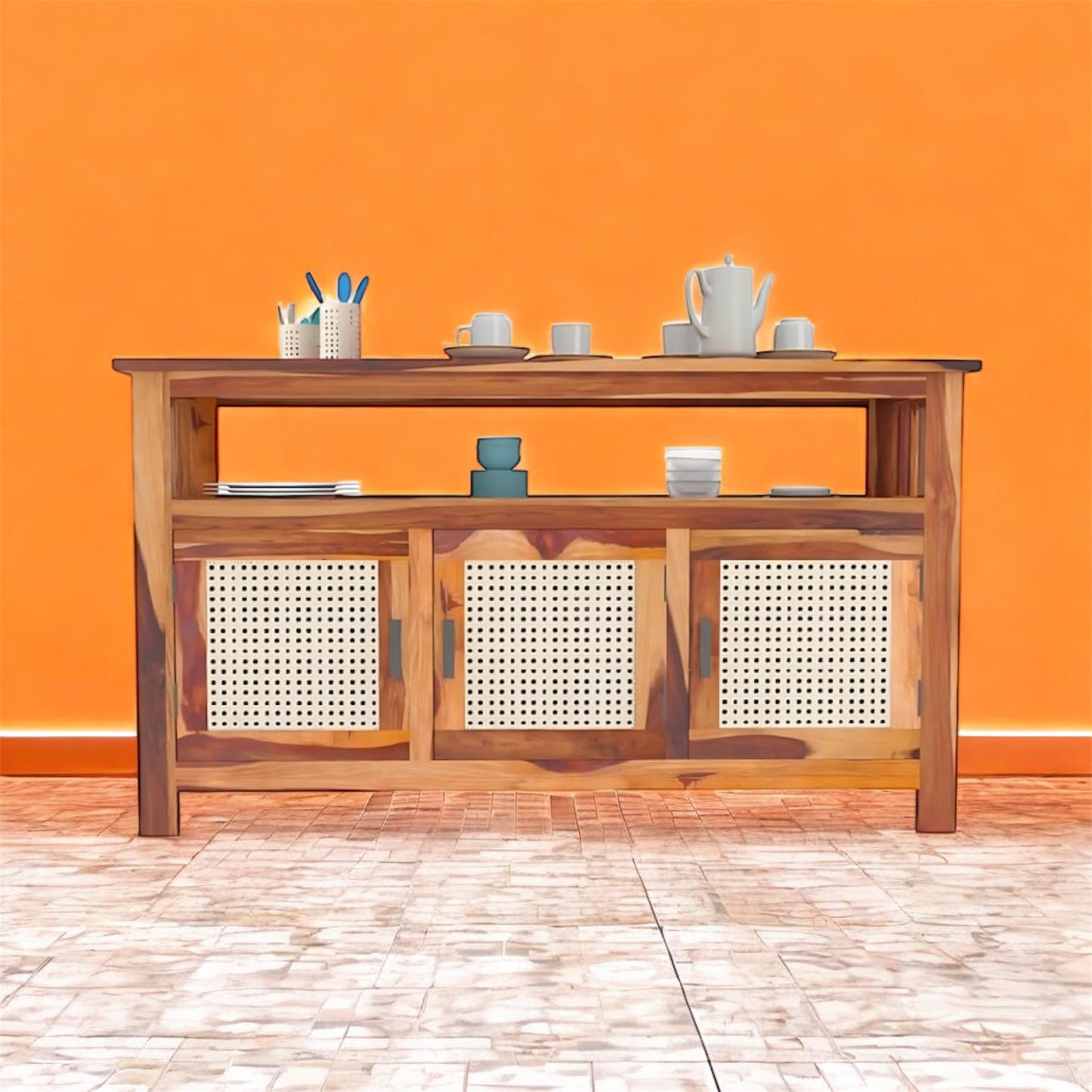 Kitchen Sideboard with Glass Doors | 2 Shelves Sheesham Wood Storage Organizer | Durable Stylish Wooden Furniture | Elegant Design Compact Multifunctional Home Decor