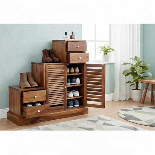 Sheesham Wood Storage Zuni Shoe Rack Cabinet for Living Room | 2 Shelf 4 Drawer Shoe Organizer | Brown 