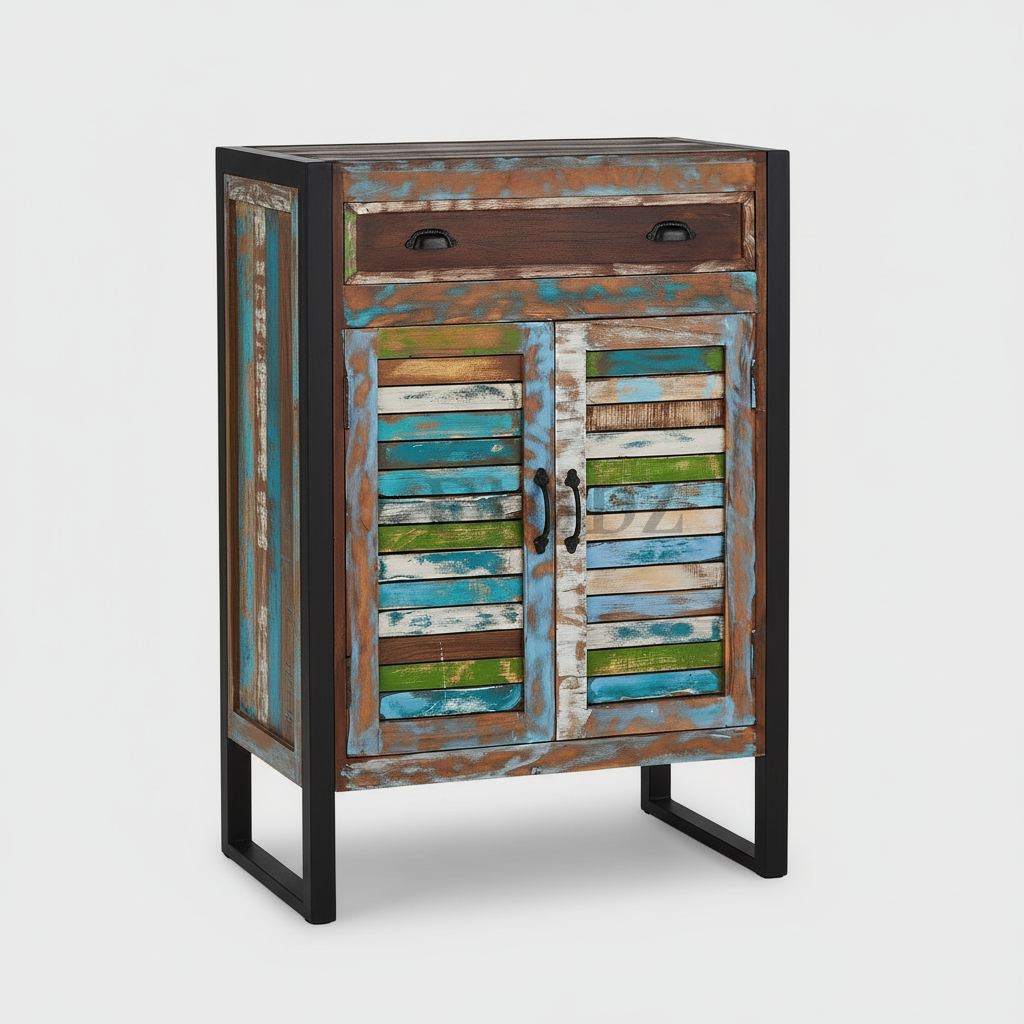 Reclaimed Wood Mauri 2-Door Shoe Cabinet with Drawer Storage Shoe Rack Organiser for Home 