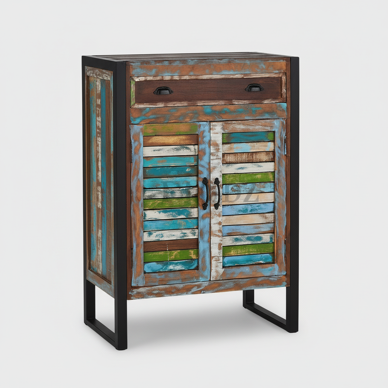 Reclaimed Wood Mauri 2-Door Shoe Cabinet with Drawer Storage Shoe Rack Organiser for Home 