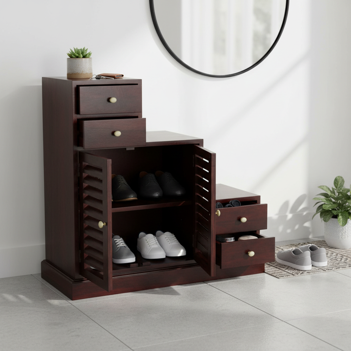Translation missing: en.Sheesham Wood Storage Zuni Shoe Rack Cabinet for Living Room | 2 Shelf 4 Drawer Shoe Organizer | Brown 