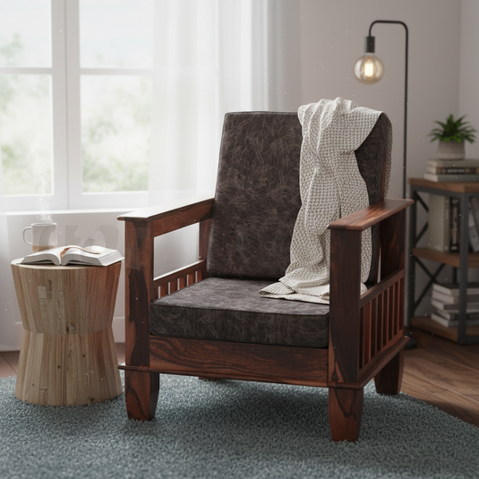 Translation missing: en.Kitarp Sheesham Wood Single Seater Sofa for Living Room with Seat &amp; Back Cushion (Suede Upholestry) 