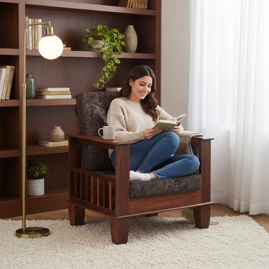 Kitarp Sheesham Wood Single Seater Sofa for Living Room with Seat & Back Cushion (Suede Upholestry) 