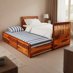 Sheesham Wood Oyster Daybed with Trundle Bed with Drawer Storage for Home | Bed for Bedroom 