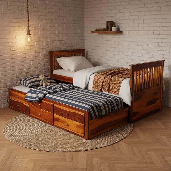 Translation missing: en.Sheesham Wood Oyster Daybed with Trundle Bed with Drawer Storage for Home | Bed for Bedroom 