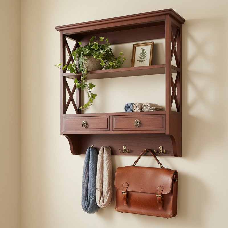 Mango Wood Towero Display Wall Shelf with Drawer for Living Room | Wall Shelves | Brown Finish 