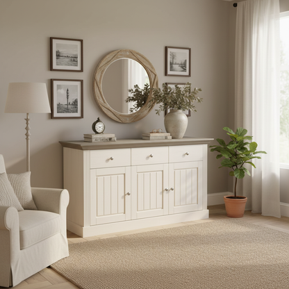 Solid Wood Alegre Sideboard 3 Door Storage Cabinet for Living Room | White 