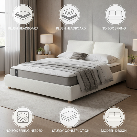 Translation missing: en.Boucle Fabric Upholstered Platform Bed with Two Removable Pillow Headboard, White Finish 