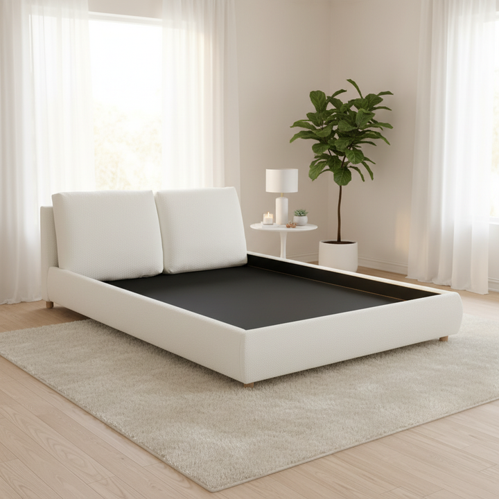 Translation missing: en.Boucle Fabric Upholstered Platform Bed with Two Removable Pillow Headboard, White Finish 