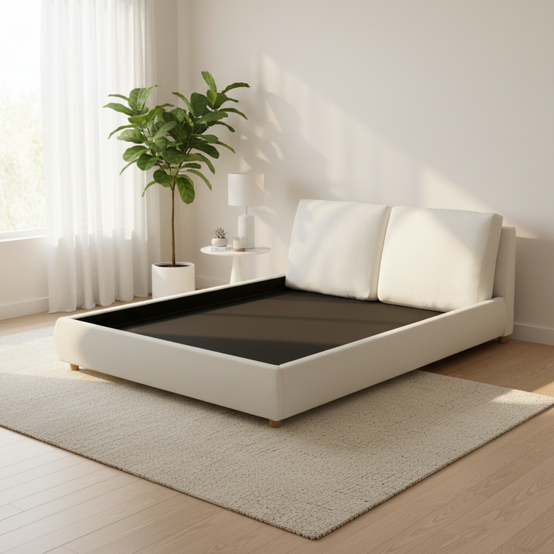 Boucle Fabric Upholstered Platform Bed with Two Removable Pillow Headboard, White Finish 