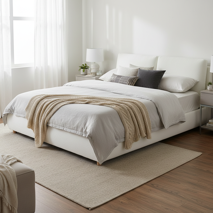Translation missing: en.Boucle Fabric Upholstered Platform Bed with Two Removable Pillow Headboard, White Finish 