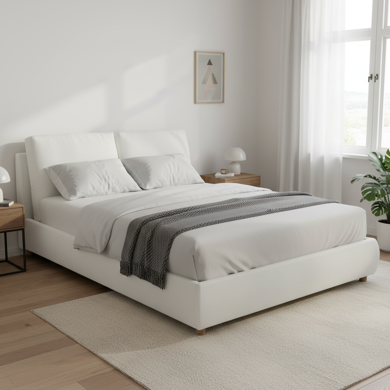 Boucle Fabric Upholstered Platform Bed with Two Removable Pillow Headboard, White Finish 