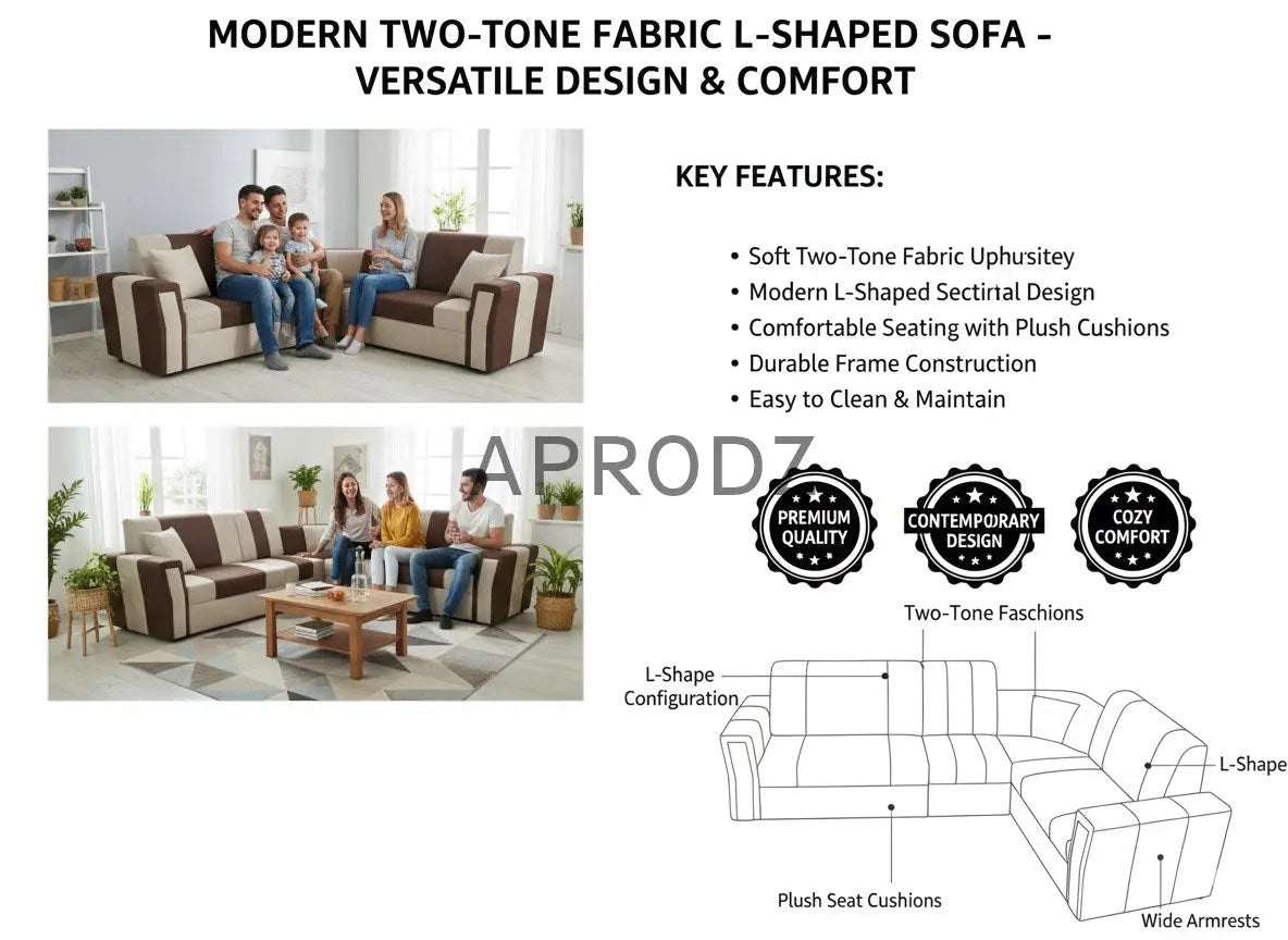 L-Shaped Sectional 7-Seater Sofa with Padded Armrest Perfect Fabric Corner Sofa for Guests Living Room, Drawing Room, Office & Lounge (Brown/Grey) 
