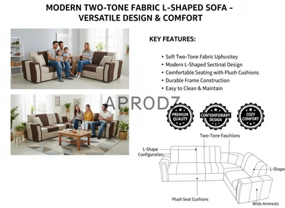 L-Shaped Sectional 7-Seater Sofa with Padded Armrest Perfect Fabric Corner Sofa for Guests Living Room, Drawing Room, Office & Lounge (Brown/Grey) 