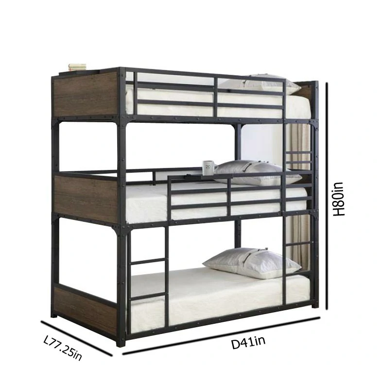 Aprodz Ellison Twin 3-Person Steel And Mango Wood Bunk Bed (Solid Wood And Metal - Matte Black And Rustic Brown)
